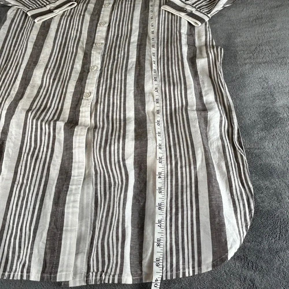 Chicos Striped Linen Cotton Swim Cover Up Shirt Dress Grey White Size 1P Medium‎